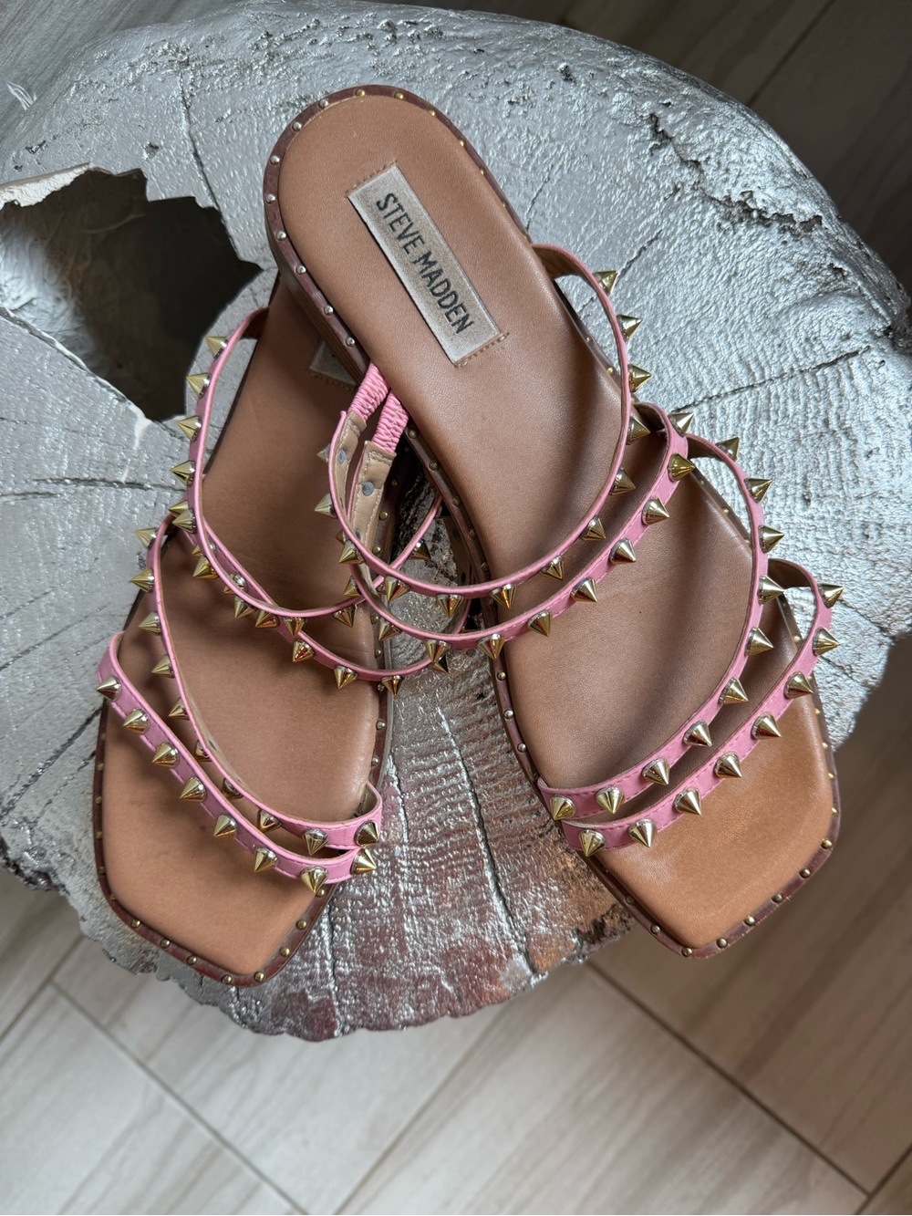 Steve Madden Pink Studded Triple-Strap Flat Sandals